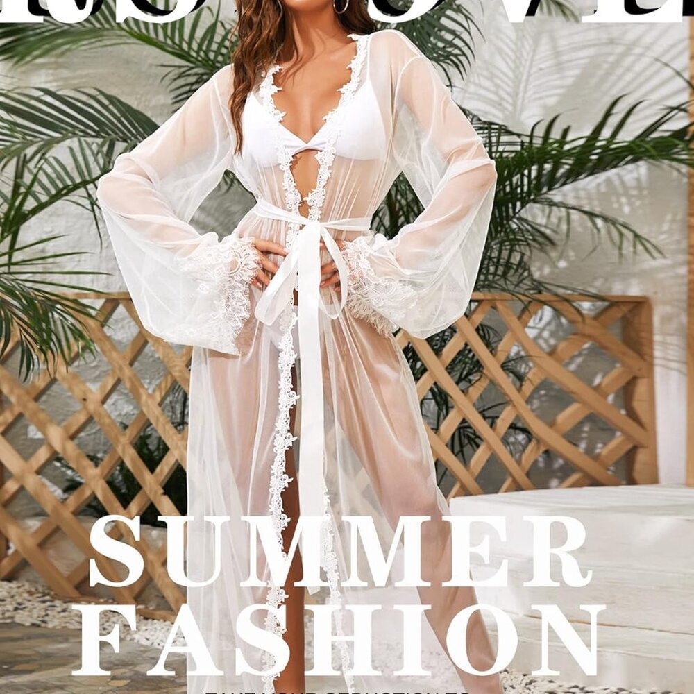 Lingerie for Women Sexy Long Lace Kimono Robe Mesh Chemise Lace Gown Swimsuit Co - Picture 2 of 5